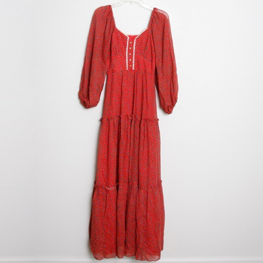 Vintage 70s Candi Jones California Floral Tiered Praire Maxi Dress Red XS